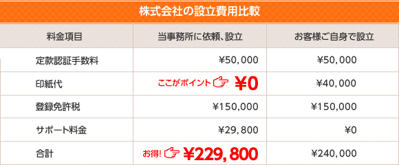 費用の比較表